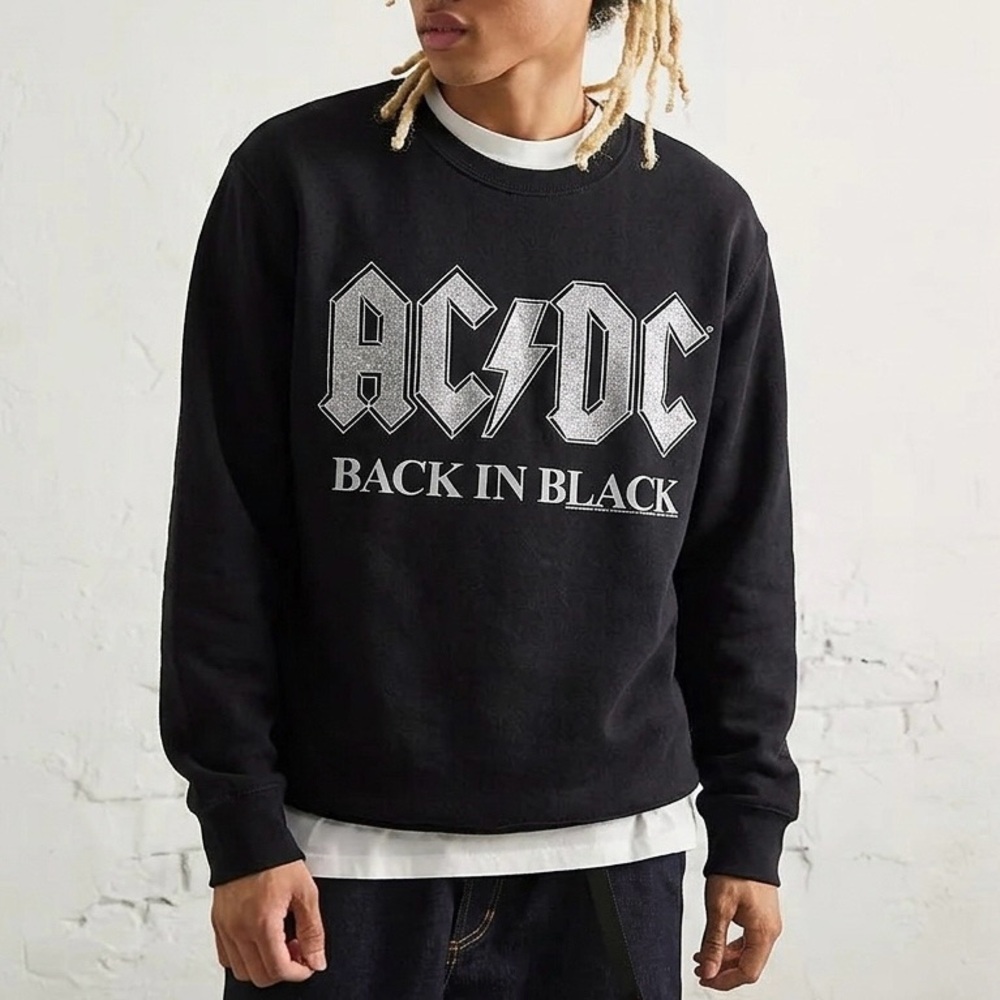 AC/DC Black and White Back in Black Album Songs Black Sweatshirt Silver Glitter